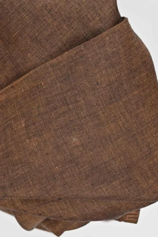 Brown linen mélange embroidered half-button tunic top and high-rise tapered leg trouser set