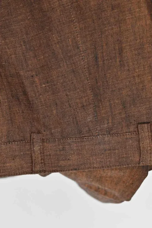 Brown linen mélange embroidered half-button tunic top and high-rise tapered leg trouser set
