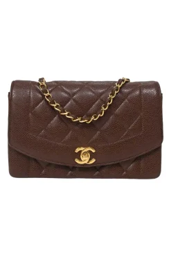 Brown matelassé caviar leather Small Diana Flap Bag with gold-plated hardware