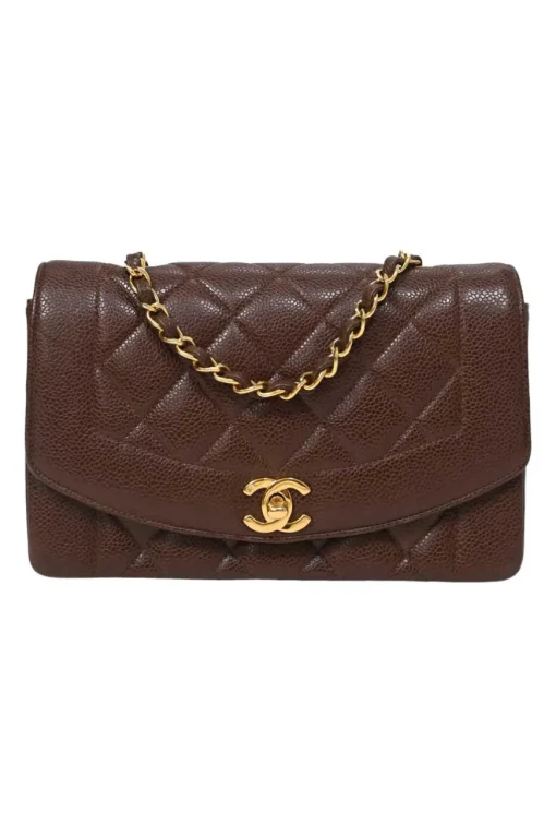 Brown matelassé caviar leather Small Diana Flap Bag with gold-plated hardware