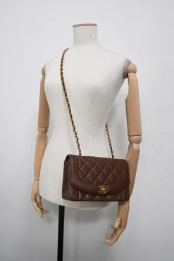 Brown matelassé caviar leather Small Diana Flap Bag with gold-plated hardware
