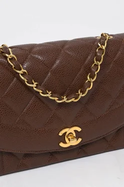 Brown matelassé caviar leather Small Diana Flap Bag with gold-plated hardware