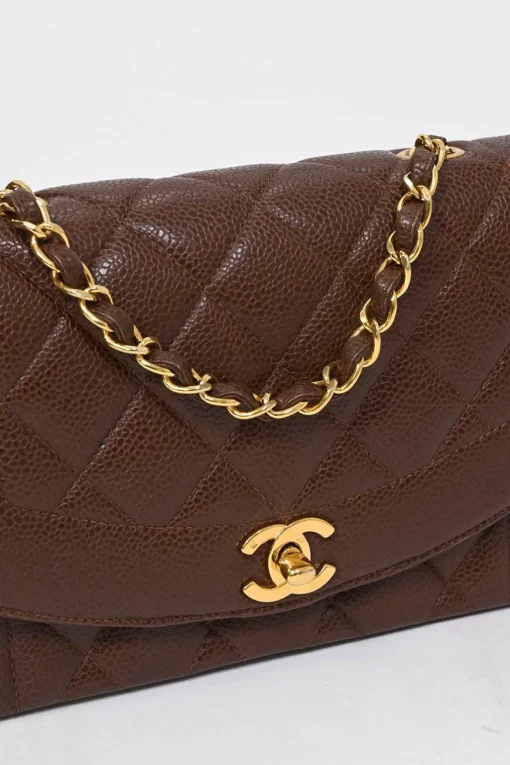 Brown matelassé caviar leather Small Diana Flap Bag with gold-plated hardware