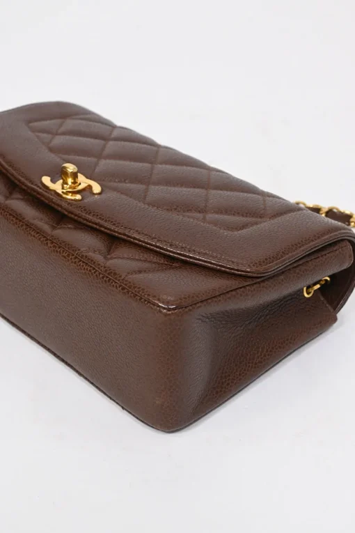Brown matelassé caviar leather Small Diana Flap Bag with gold-plated hardware