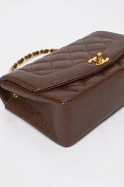 Brown matelassé caviar leather Small Diana Flap Bag with gold-plated hardware