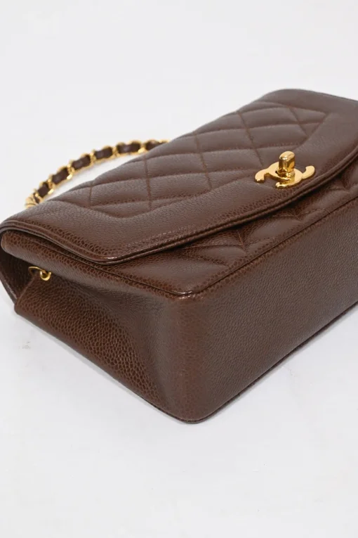 Brown matelassé caviar leather Small Diana Flap Bag with gold-plated hardware