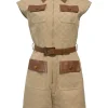 Brown monogram canvas and leather half-zip belted safari romper featuring rear slogan broderie motif