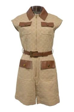 Brown monogram canvas and leather half-zip belted safari romper featuring rear slogan broderie motif