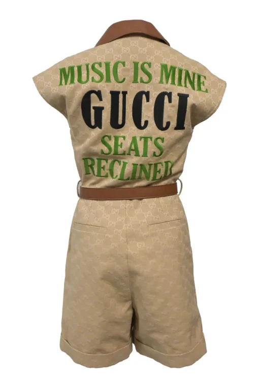 Brown monogram canvas and leather half-zip belted safari romper featuring rear slogan broderie motif