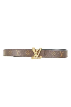 Brown monogram canvas reversible belt with gold tone LV Angels buckle