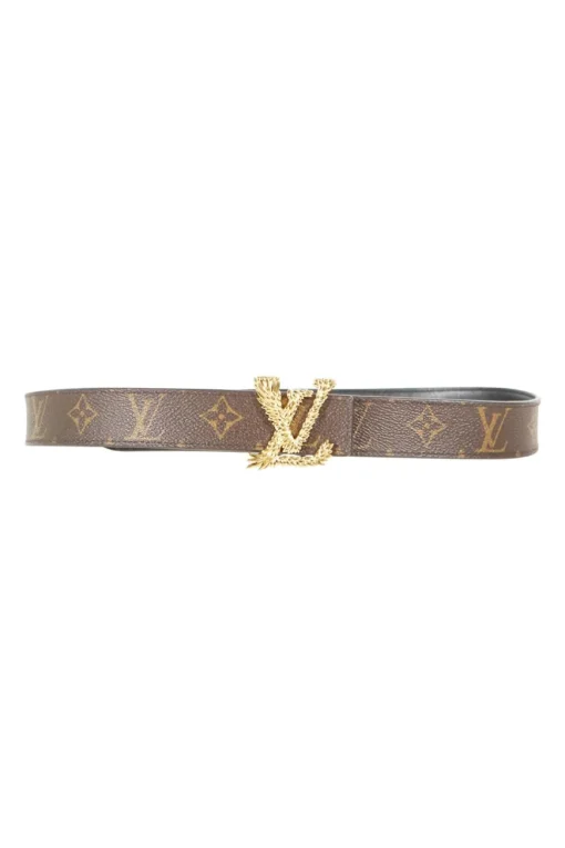Brown monogram canvas reversible belt with gold tone LV Angels buckle