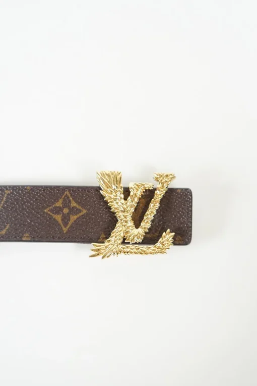 Brown monogram canvas reversible belt with gold tone LV Angels buckle