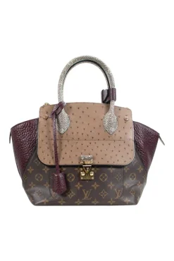 Brown Monogram Majestueux PM tote bag with burgundy gros grain leather sides, ostrich leather flap, tan monogram coated canvas leather and rolled python handles