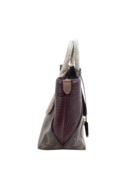 Brown Monogram Majestueux PM tote bag with burgundy gros grain leather sides, ostrich leather flap, tan monogram coated canvas leather and rolled python handles