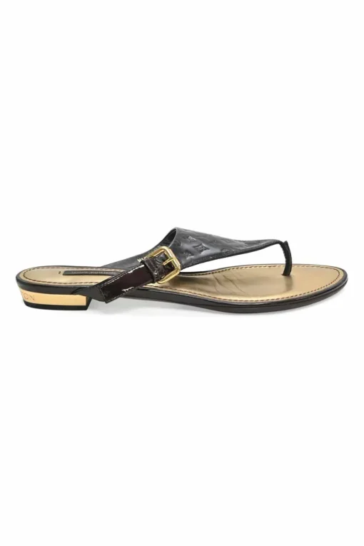 Brown monogram-embossed patent leather No Doubt buckled thong sandals