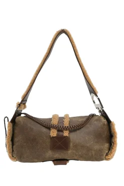 Brown mouton leather East West Flight shoulder bag with silver-tone metallic hardware