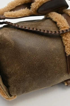 Brown mouton leather East West Flight shoulder bag with silver-tone metallic hardware