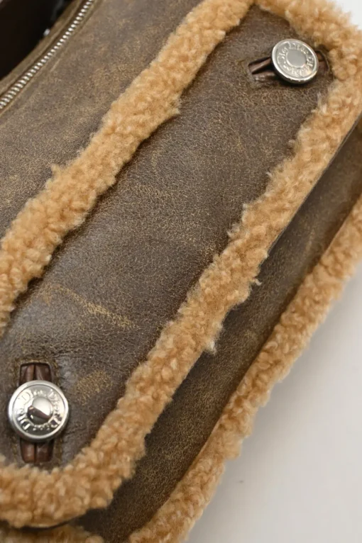 Brown mouton leather East West Flight shoulder bag with silver-tone metallic hardware