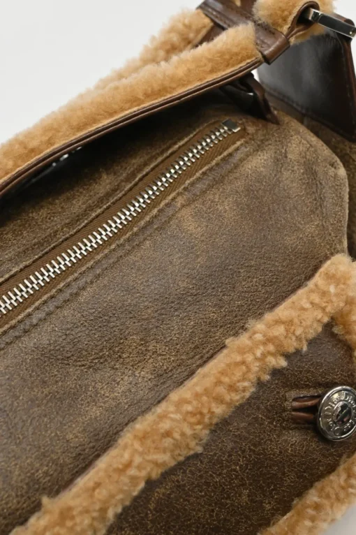Brown mouton leather East West Flight shoulder bag with silver-tone metallic hardware