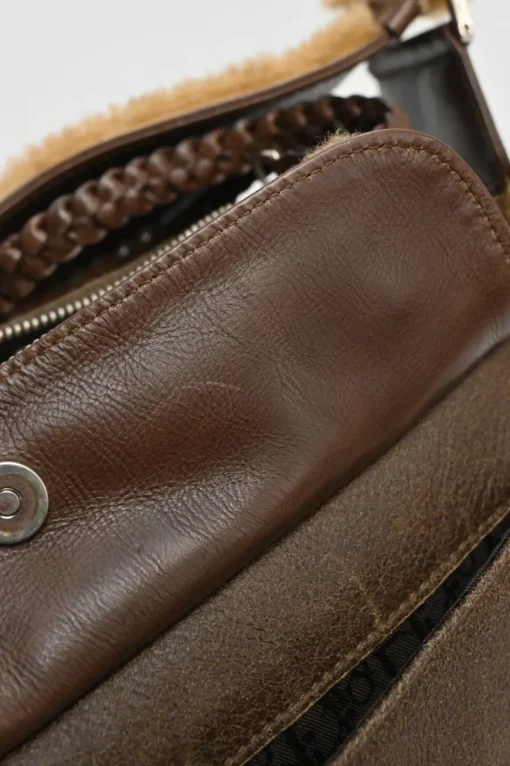 Brown mouton leather East West Flight shoulder bag with silver-tone metallic hardware
