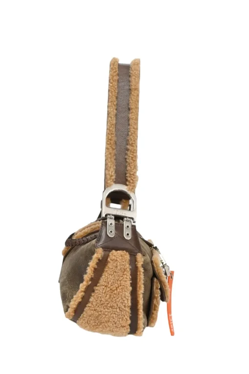 Brown mouton leather East West Flight shoulder bag with silver-tone metallic hardware