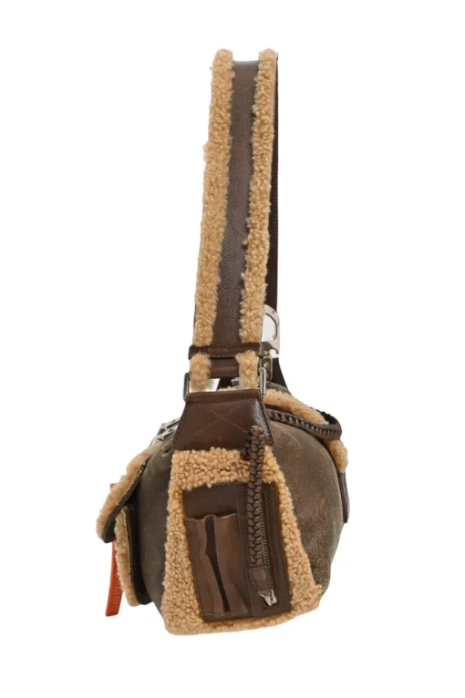 Brown mouton leather East West Flight shoulder bag with silver-tone metallic hardware