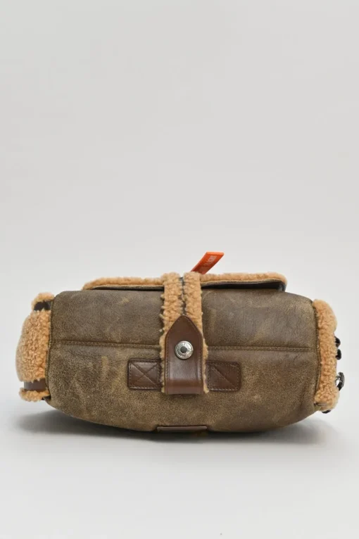 Brown mouton leather East West Flight shoulder bag with silver-tone metallic hardware