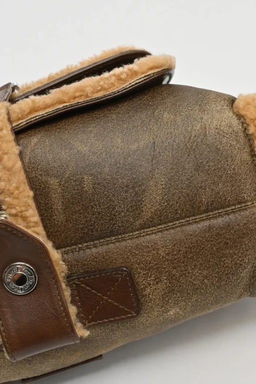 Brown mouton leather East West Flight shoulder bag with silver-tone metallic hardware