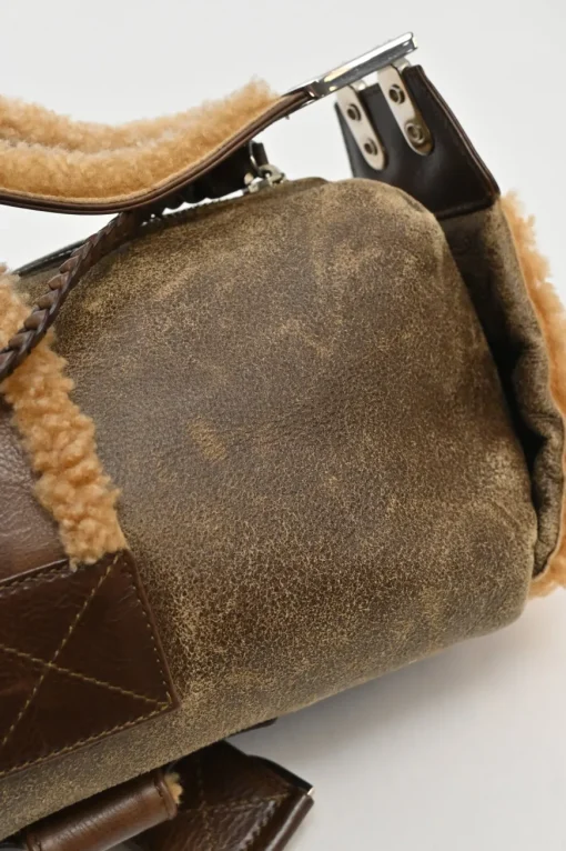 Brown mouton leather East West Flight shoulder bag with silver-tone metallic hardware
