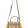 Brown paneled leather, water snake skin and canvas Silvana satchel with detachable shoulder strap