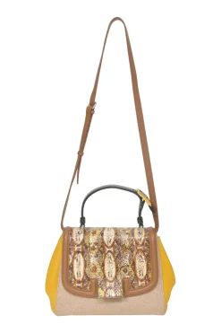 Brown paneled leather, water snake skin and canvas Silvana satchel with detachable shoulder strap