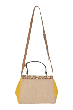 Brown paneled leather, water snake skin and canvas Silvana satchel with detachable shoulder strap