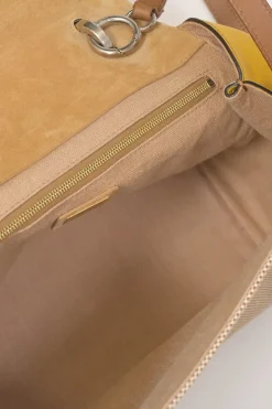 Brown paneled leather, water snake skin and canvas Silvana satchel with detachable shoulder strap