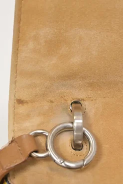 Brown paneled leather, water snake skin and canvas Silvana satchel with detachable shoulder strap