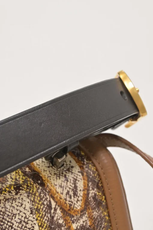 Brown paneled leather, water snake skin and canvas Silvana satchel with detachable shoulder strap