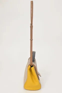 Brown paneled leather, water snake skin and canvas Silvana satchel with detachable shoulder strap