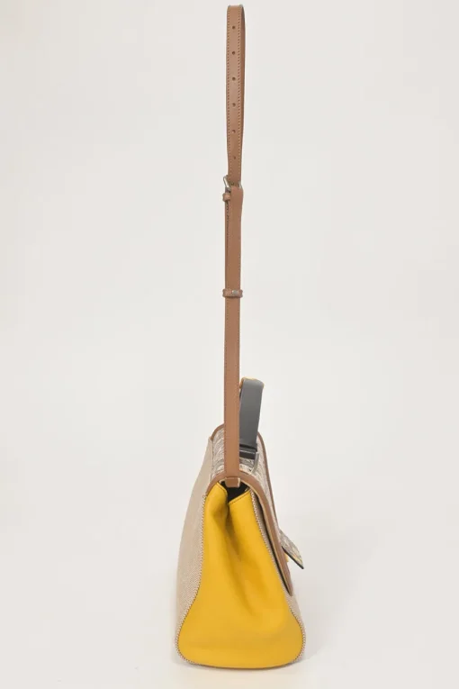 Brown paneled leather, water snake skin and canvas Silvana satchel with detachable shoulder strap