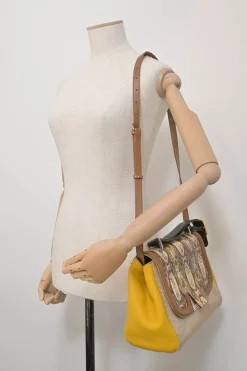 Brown paneled leather, water snake skin and canvas Silvana satchel with detachable shoulder strap