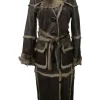 Brown paneled sheepskin double breasted notch collar tie-waist coat