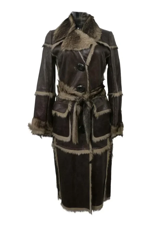 Brown paneled sheepskin double breasted notch collar tie-waist coat