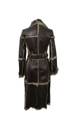 Brown paneled sheepskin double breasted notch collar tie-waist coat