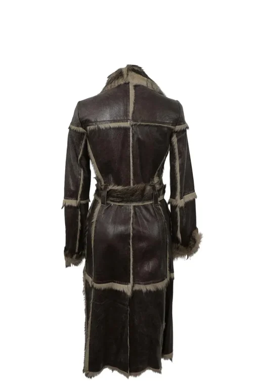 Brown paneled sheepskin double breasted notch collar tie-waist coat