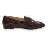Brown patent leather round-toe slip-on penny loafers with gold-tone metallic Coco Mark vamp appliqué