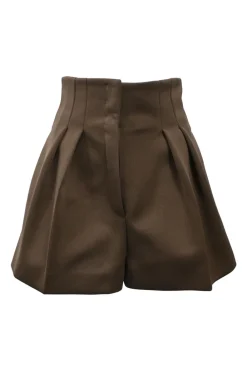 Brown polyester high-waisted tuck pleat shorts