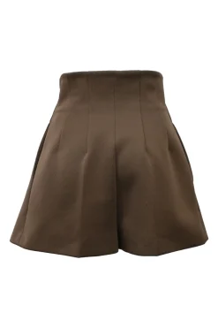 Brown polyester high-waisted tuck pleat shorts