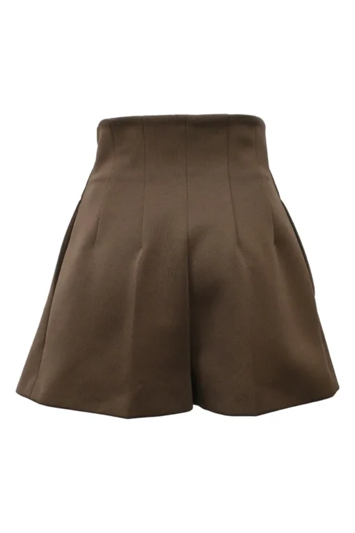 Brown polyester high-waisted tuck pleat shorts