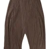 Brown polyester pull-on tucked plissé trousers with elasticated waist
