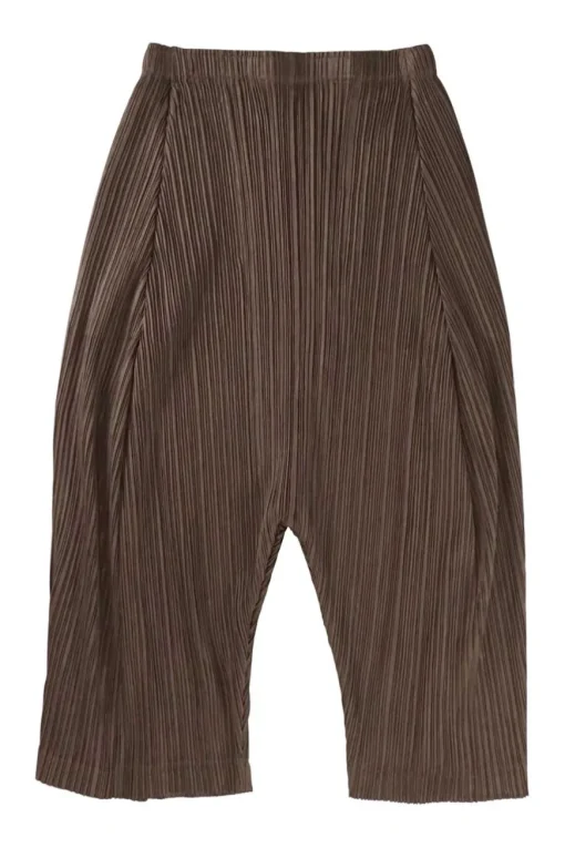 Brown polyester pull-on tucked plissé trousers with elasticated waist