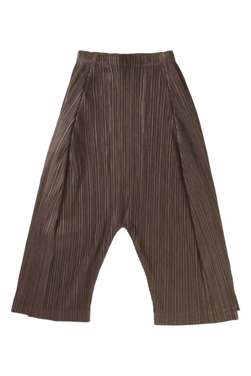 Brown polyester pull-on tucked plissé trousers with elasticated waist