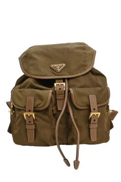 Brown Re-nylon and leather twill rucksack backpack with metal and enamel logo plaque appliqué